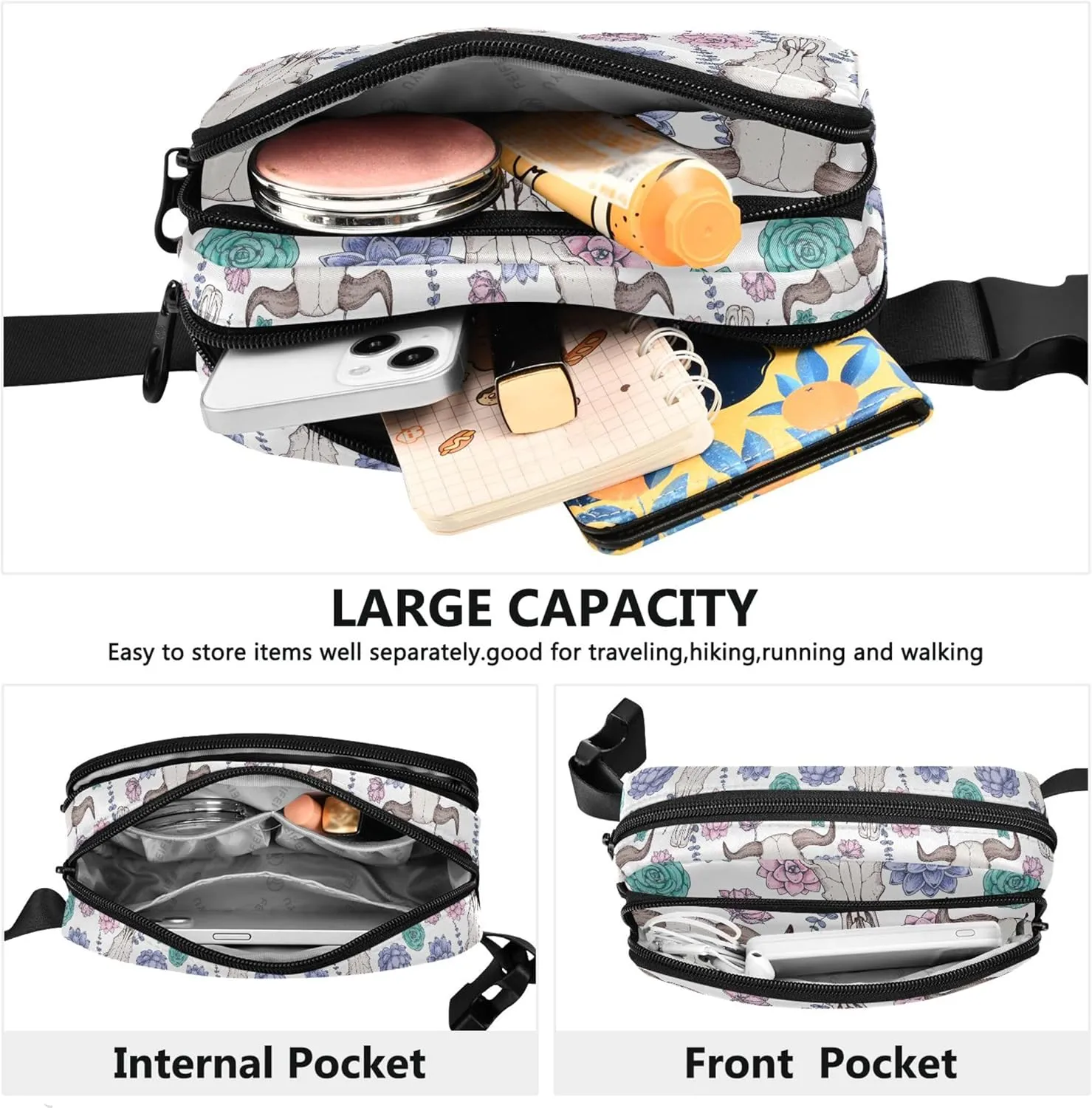 Buffalo Skull Flowers Goat Fanny Pack for Women Waterproof Belt Bag Hip Pack Funky Waist Bag for Women