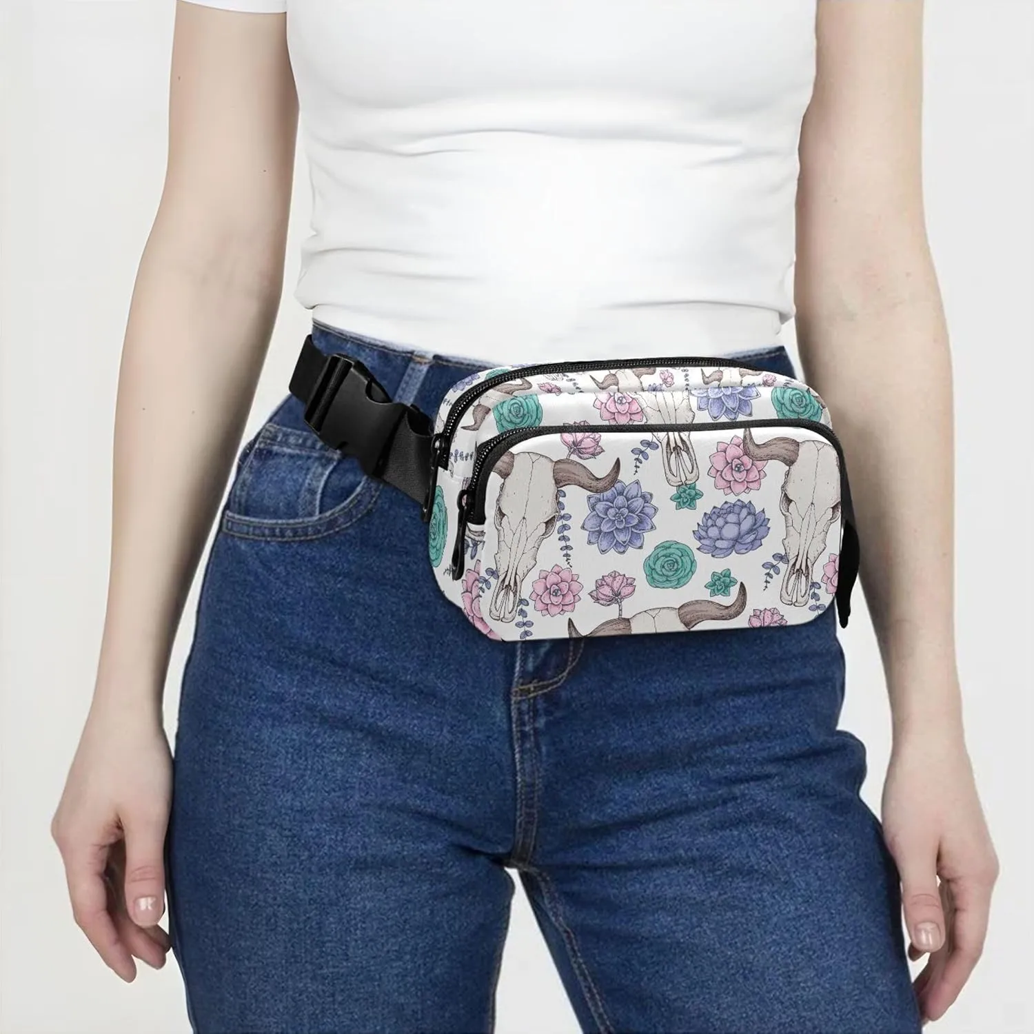 Buffalo Skull Flowers Goat Fanny Pack for Women Waterproof Belt Bag Hip Pack Funky Waist Bag for Women