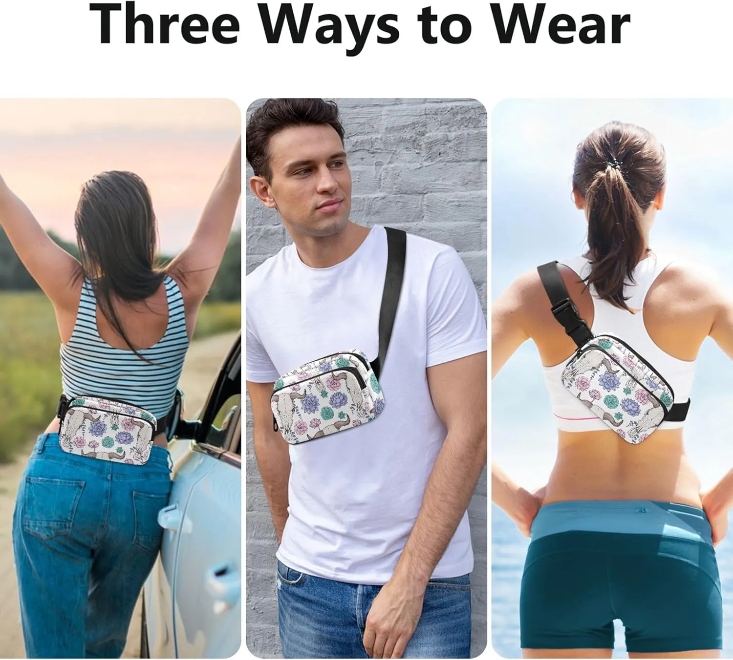 Buffalo Skull Flowers Goat Fanny Pack for Women Waterproof Belt Bag Hip Pack Funky Waist Bag for Women