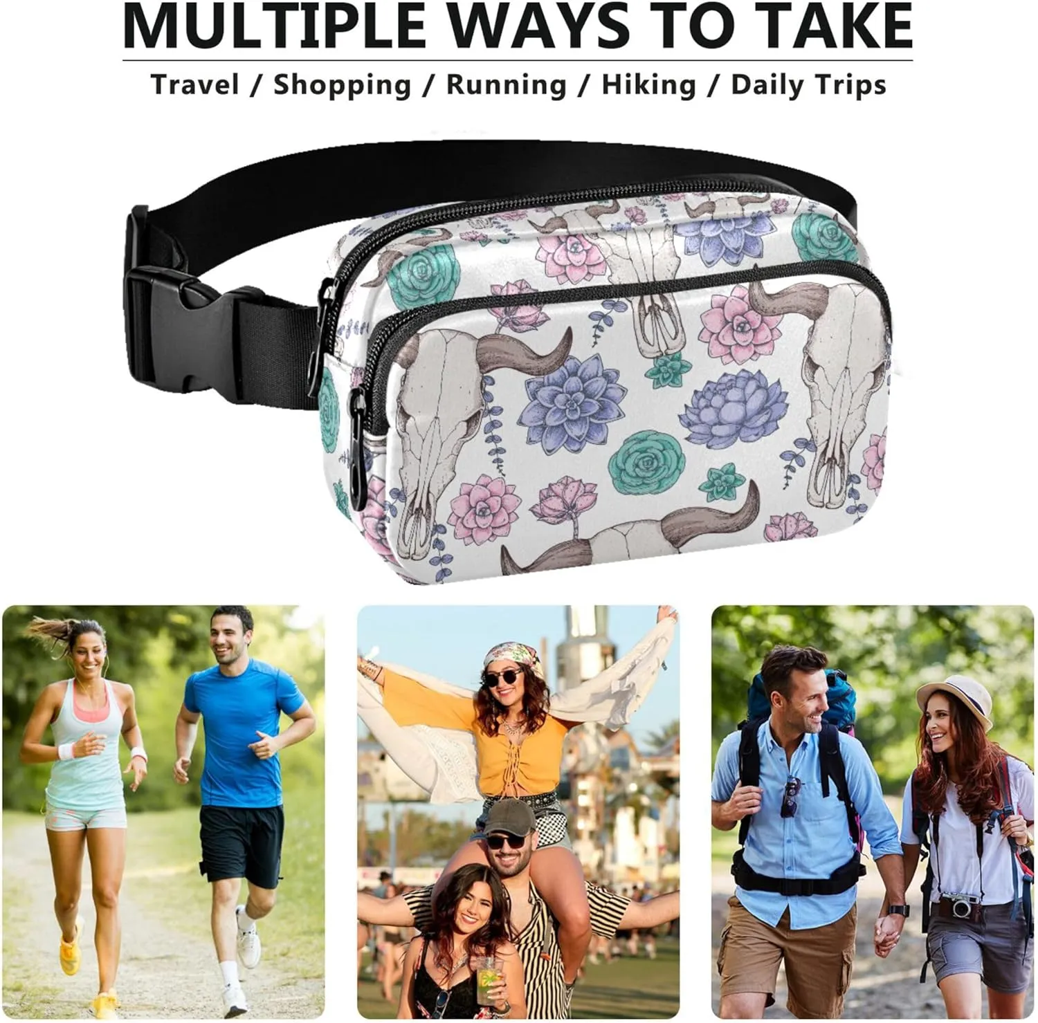 Buffalo Skull Flowers Goat Fanny Pack for Women Waterproof Belt Bag Hip Pack Funky Waist Bag for Women