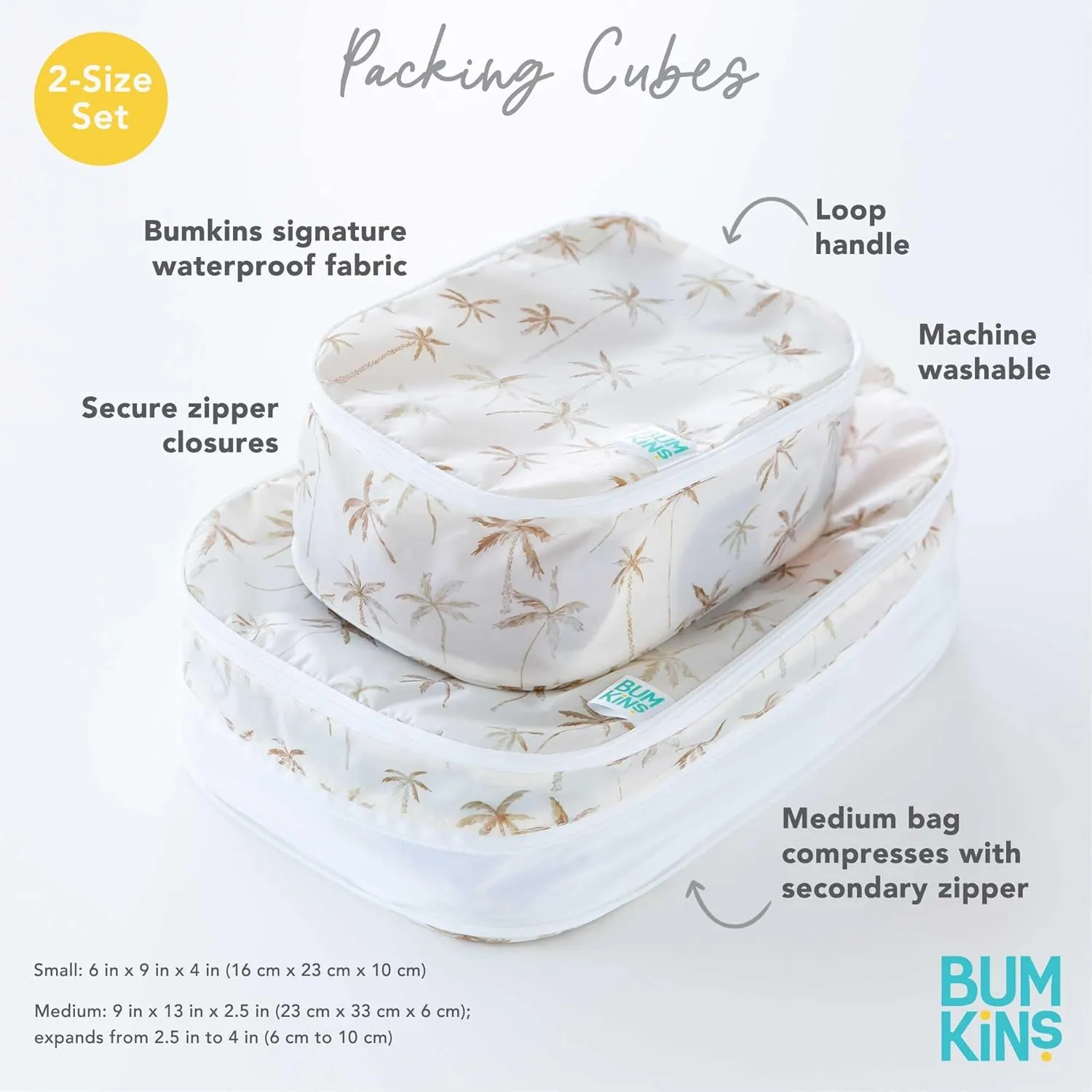 Bumkins Packing Cubes for Travel Bag, Organize Luggage with Compression Bags, Essential Traveling Accessories to Pack Carry On Suitcase, Must for Clothes or Toiletries, Set of 2 Sizes, Palm Trees