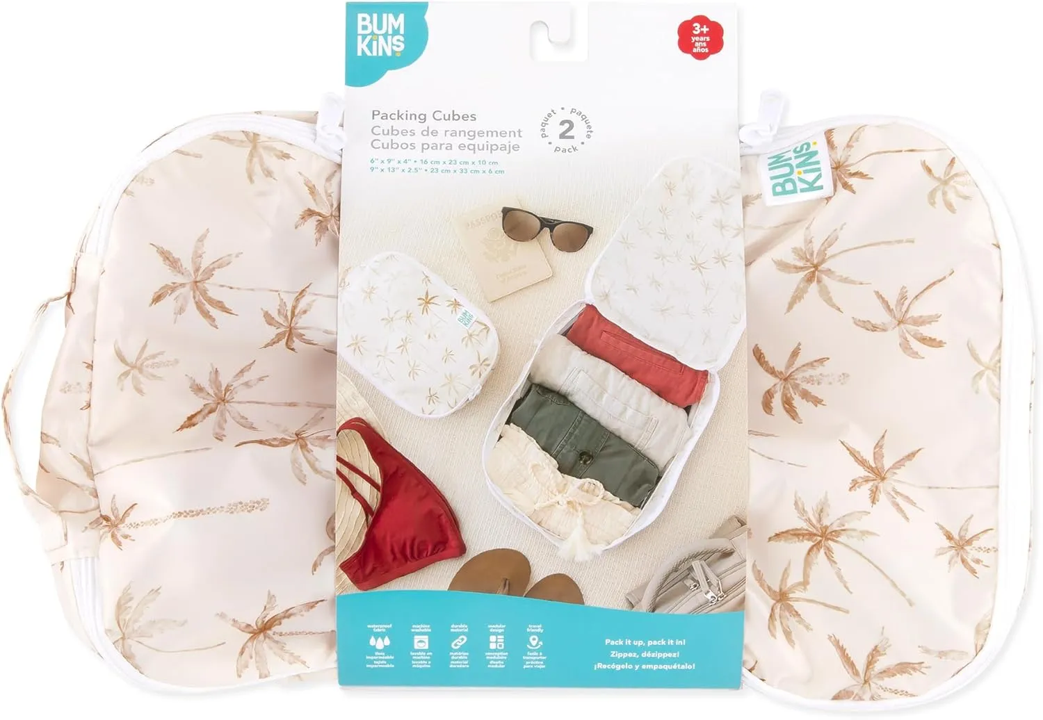 Bumkins Packing Cubes for Travel Bag, Organize Luggage with Compression Bags, Essential Traveling Accessories to Pack Carry On Suitcase, Must for Clothes or Toiletries, Set of 2 Sizes, Palm Trees