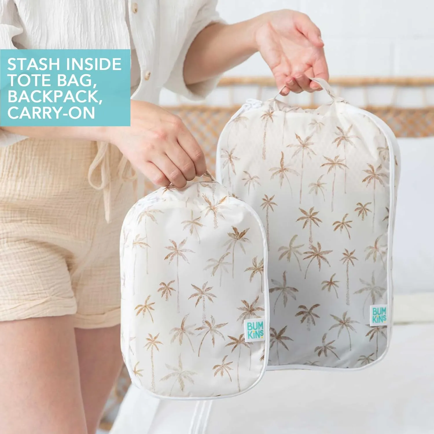 Bumkins Packing Cubes for Travel Bag, Organize Luggage with Compression Bags, Essential Traveling Accessories to Pack Carry On Suitcase, Must for Clothes or Toiletries, Set of 2 Sizes, Palm Trees