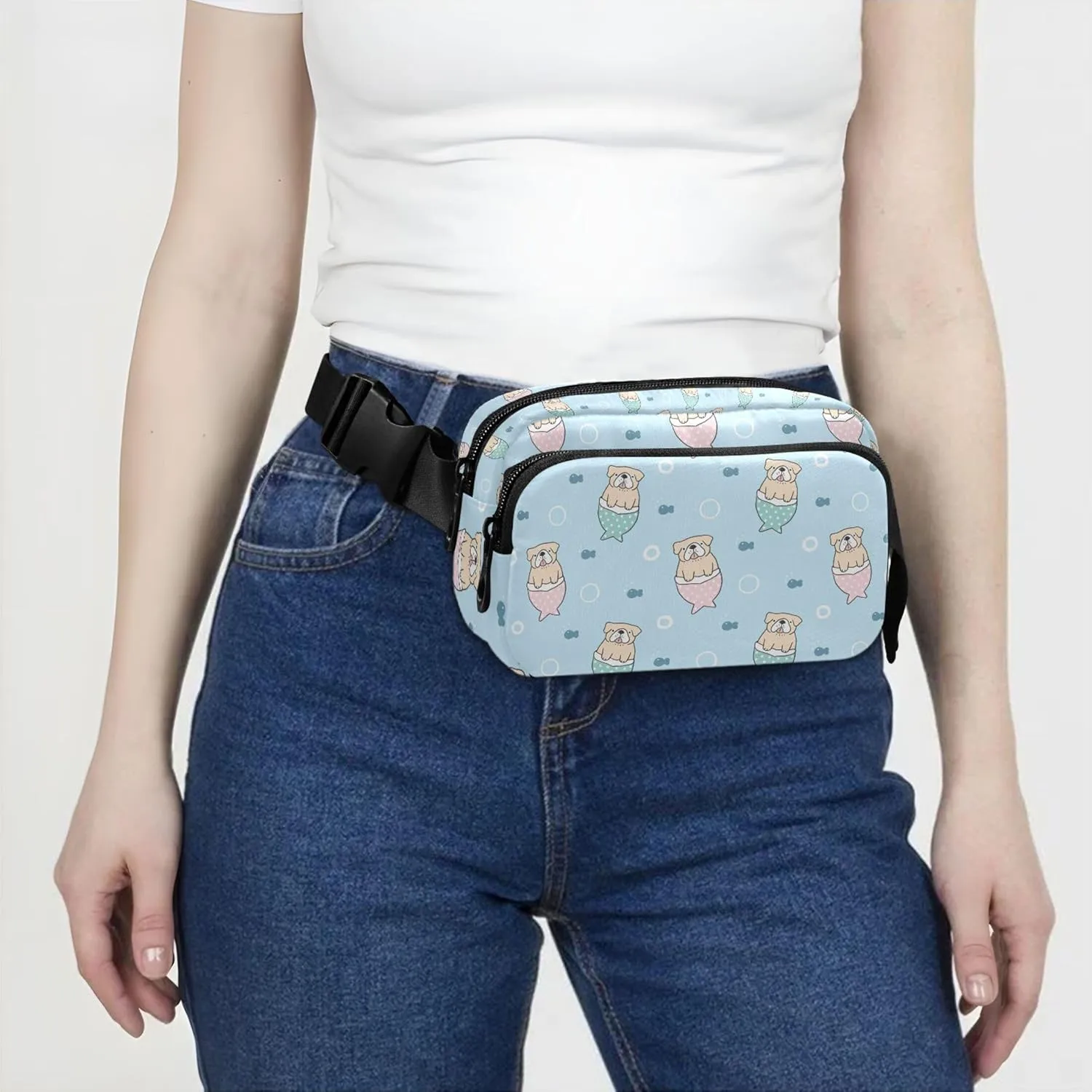 Cartoon Bulldog Mermaid Blue Fanny Packs Women Funky Hip Pouch Belt Bag Waterproof Cross Body Waist Pack