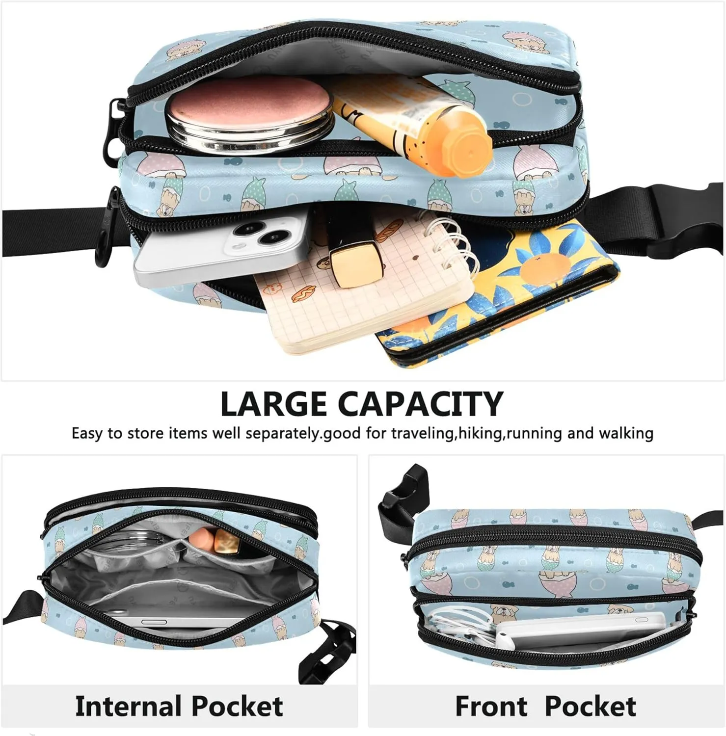 Cartoon Bulldog Mermaid Blue Fanny Packs Women Funky Hip Pouch Belt Bag Waterproof Cross Body Waist Pack
