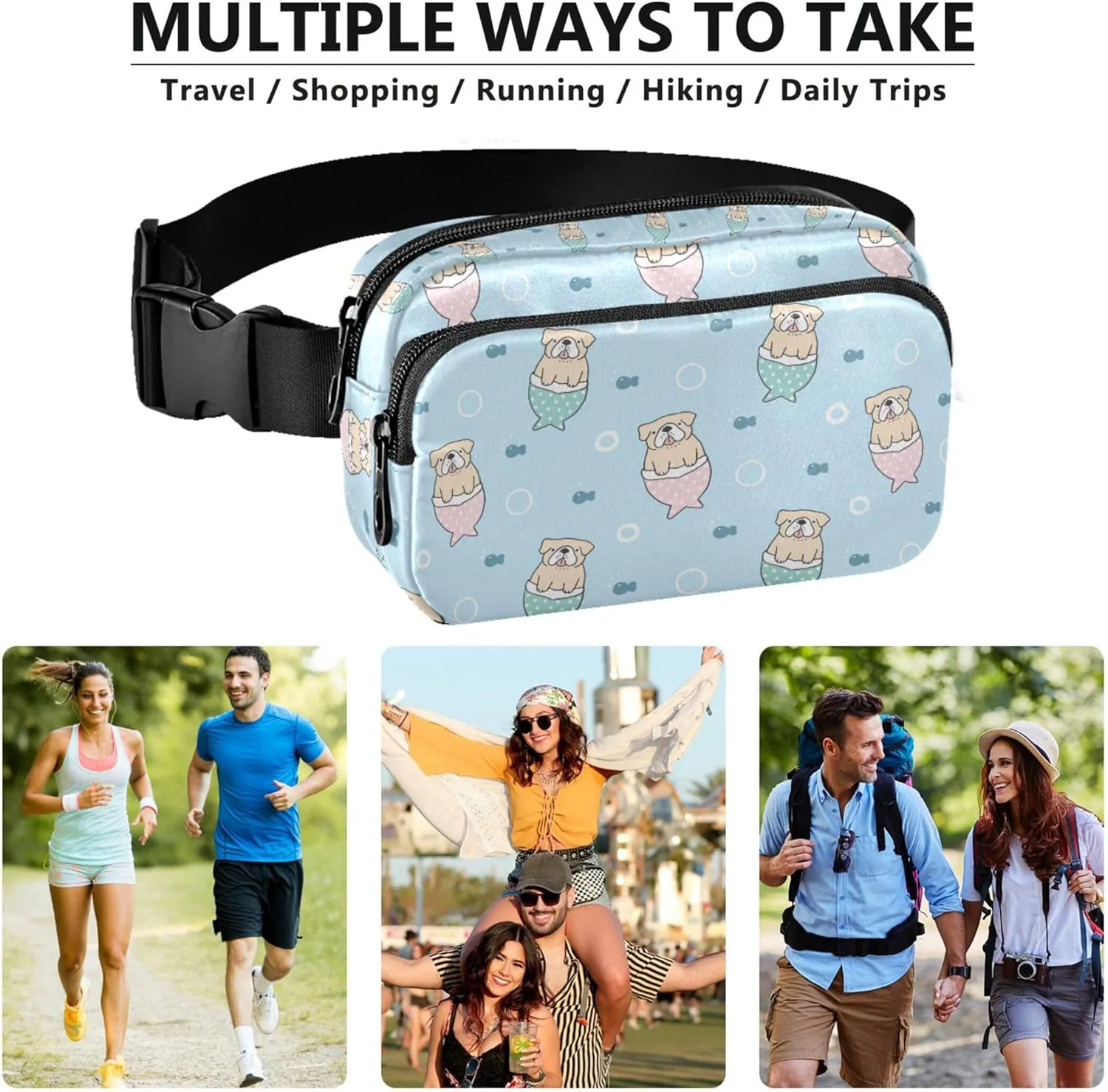 Cartoon Bulldog Mermaid Blue Fanny Packs Women Funky Hip Pouch Belt Bag Waterproof Cross Body Waist Pack