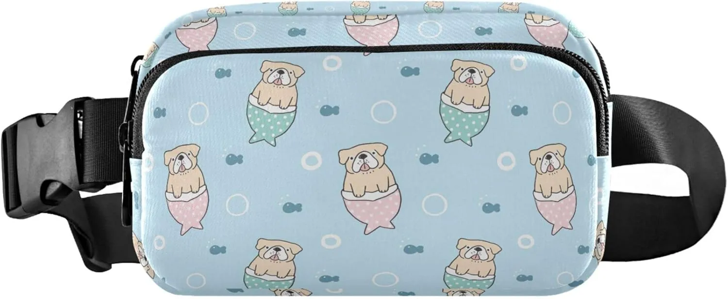 Cartoon Bulldog Mermaid Blue Fanny Packs Women Funky Hip Pouch Belt Bag Waterproof Cross Body Waist Pack