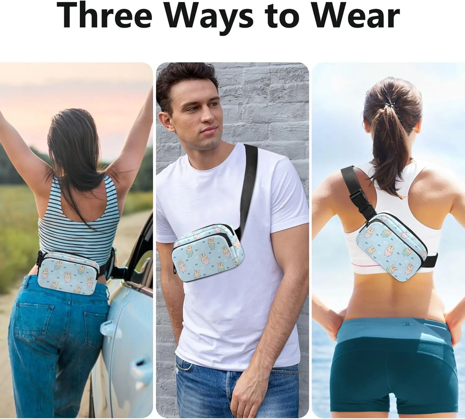 Cartoon Bulldog Mermaid Blue Fanny Packs Women Funky Hip Pouch Belt Bag Waterproof Cross Body Waist Pack