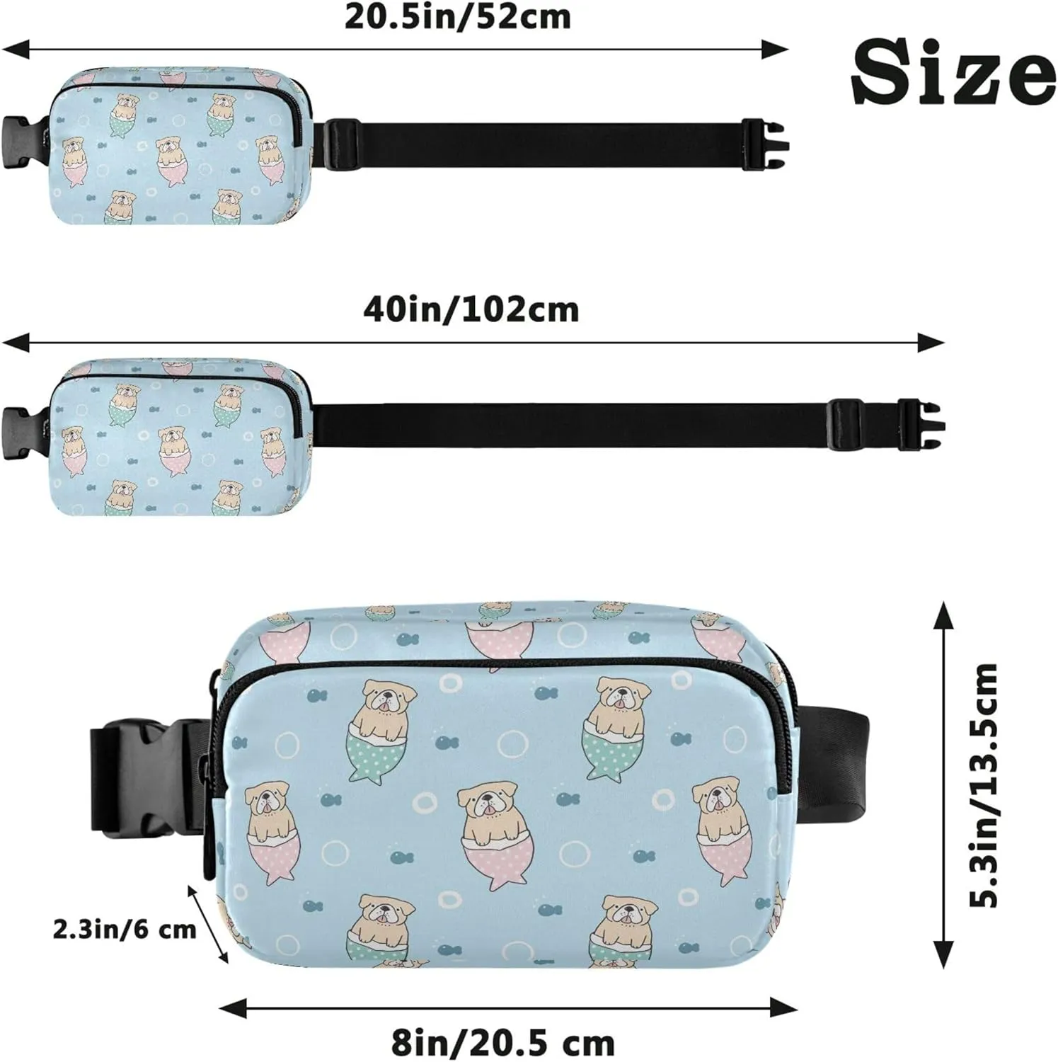 Cartoon Bulldog Mermaid Blue Fanny Packs Women Funky Hip Pouch Belt Bag Waterproof Cross Body Waist Pack