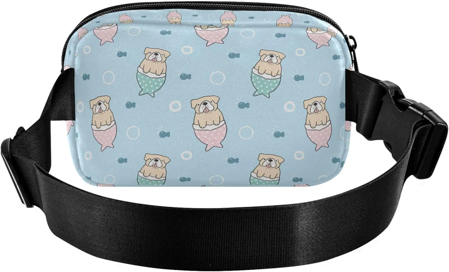 Cartoon Bulldog Mermaid Blue Fanny Packs Women Funky Hip Pouch Belt Bag Waterproof Cross Body Waist Pack