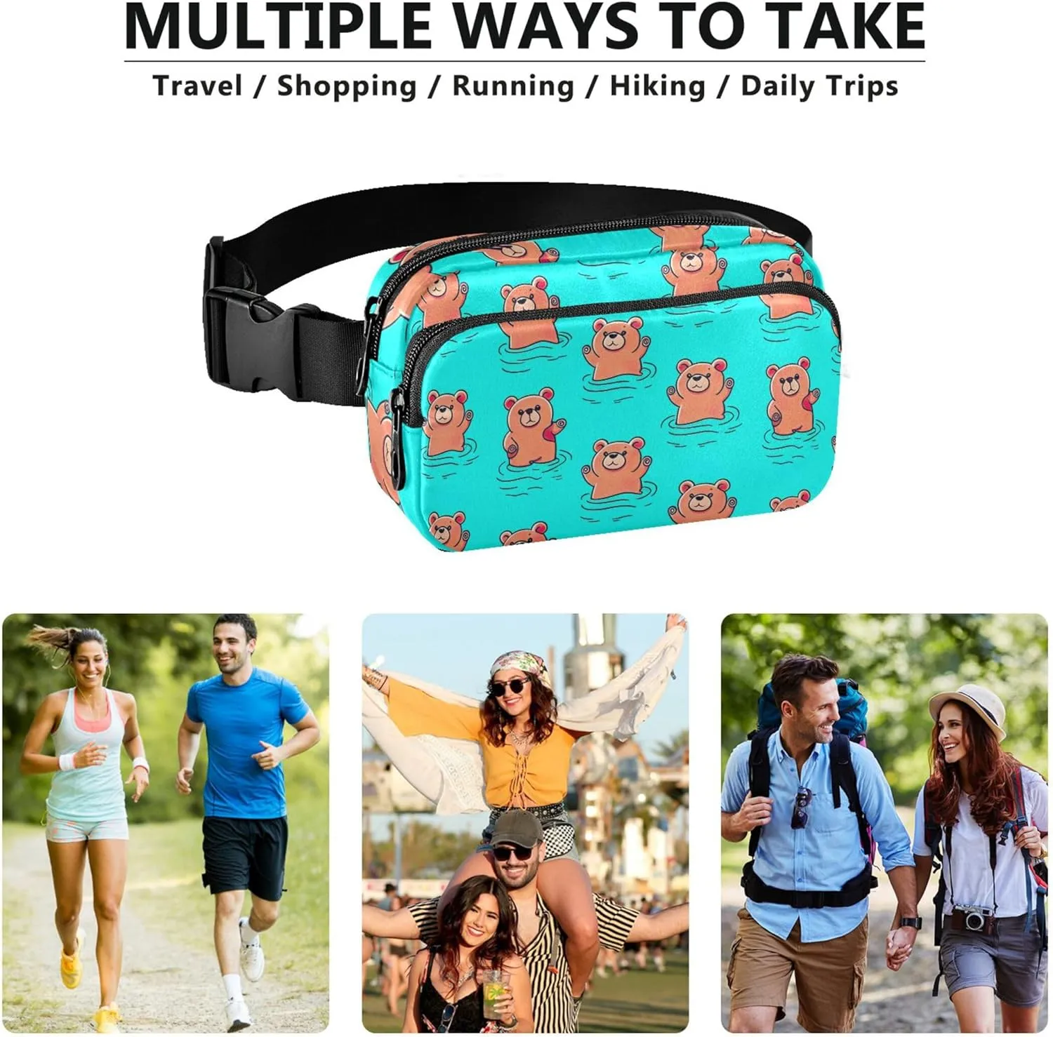 Cartoon Cute Bears Blue Fanny Pack for Women Anti Theft Belt Bag Waterproof Bright Crossbody Waist Purse