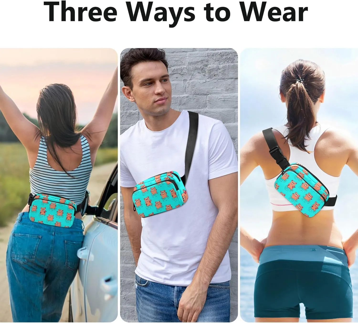 Cartoon Cute Bears Blue Fanny Pack for Women Anti Theft Belt Bag Waterproof Bright Crossbody Waist Purse