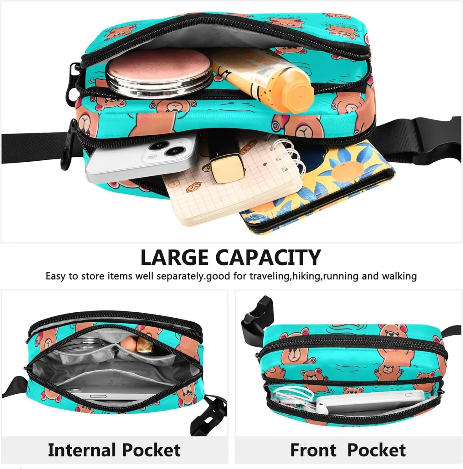 Cartoon Cute Bears Blue Fanny Pack for Women Anti Theft Belt Bag Waterproof Bright Crossbody Waist Purse