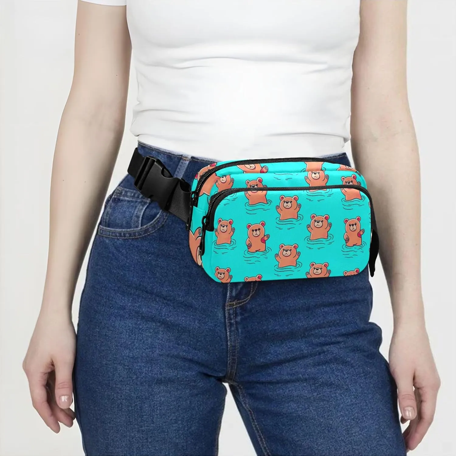 Cartoon Cute Bears Blue Fanny Pack for Women Anti Theft Belt Bag Waterproof Bright Crossbody Waist Purse
