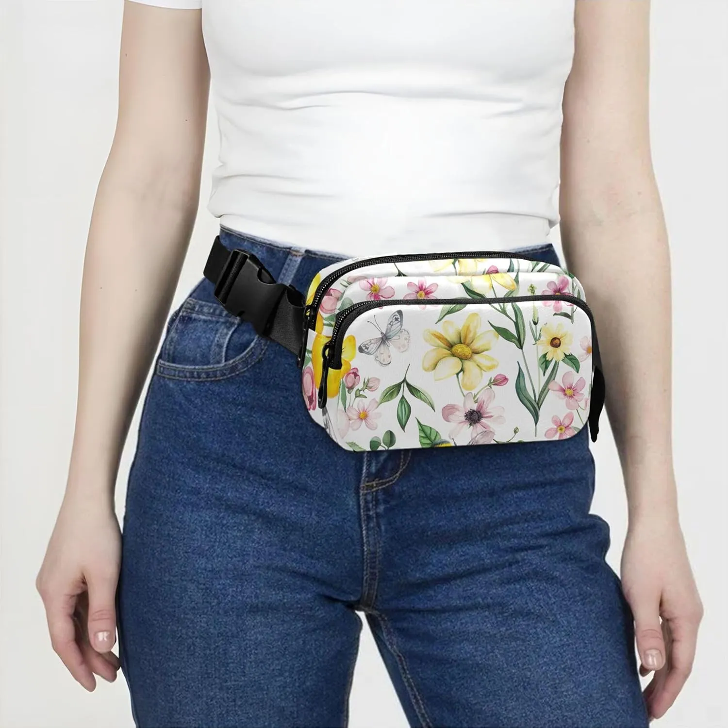 Chic Floral Bee Print Waterproof Fanny Packs for Women Hip Pouch Belt Bag Funky Travel Waist Bag