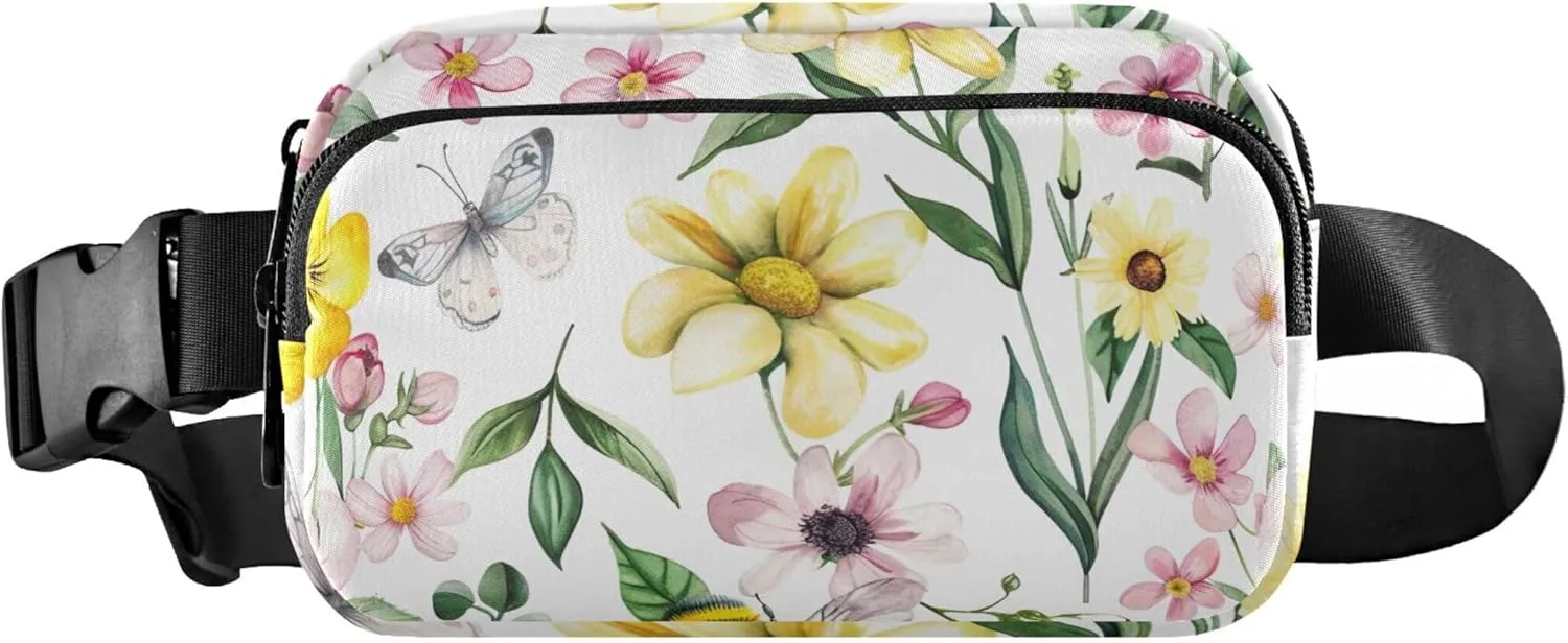Chic Floral Bee Print Waterproof Fanny Packs for Women Hip Pouch Belt Bag Funky Travel Waist Bag