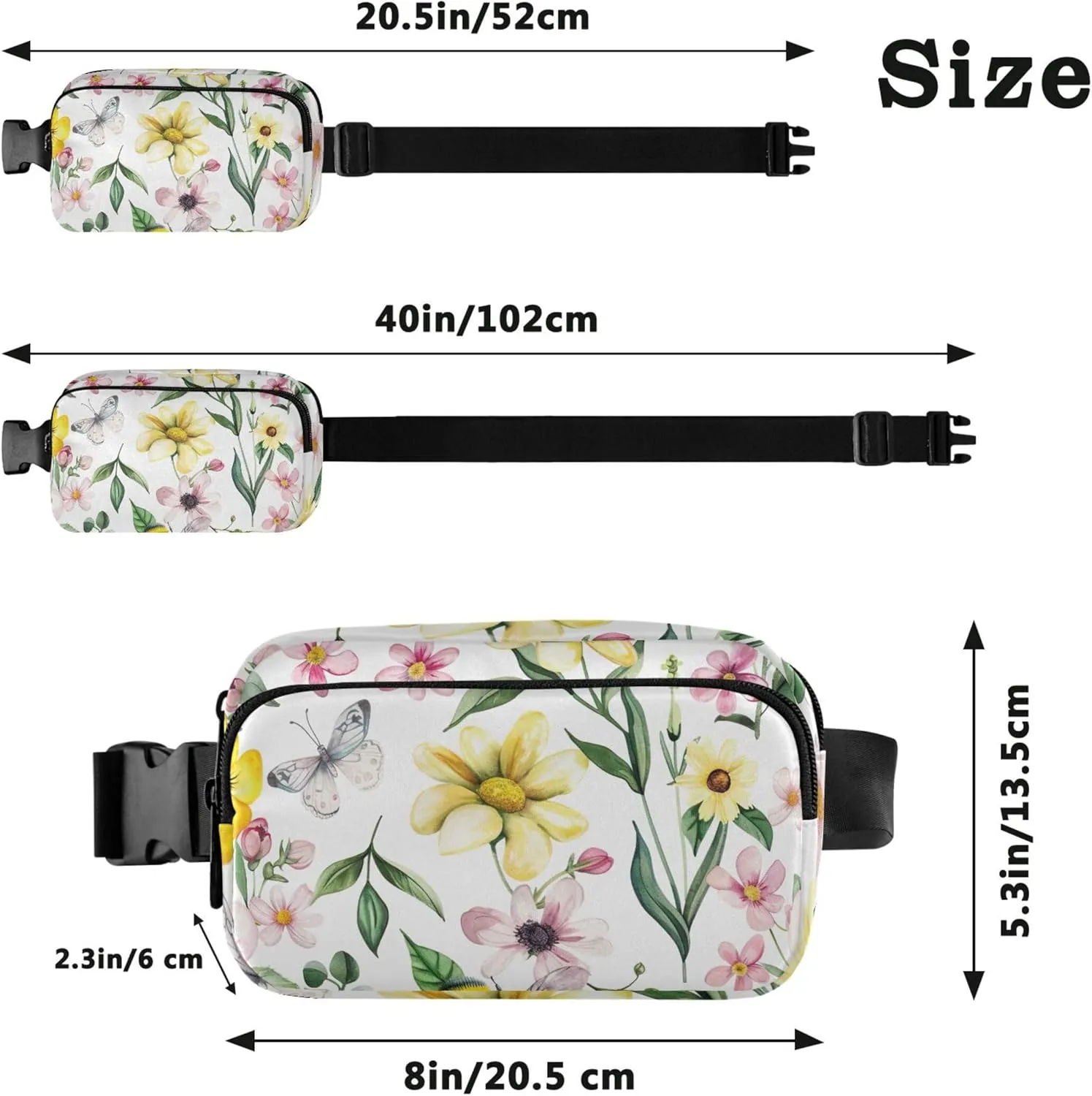 Chic Floral Bee Print Waterproof Fanny Packs for Women Hip Pouch Belt Bag Funky Travel Waist Bag