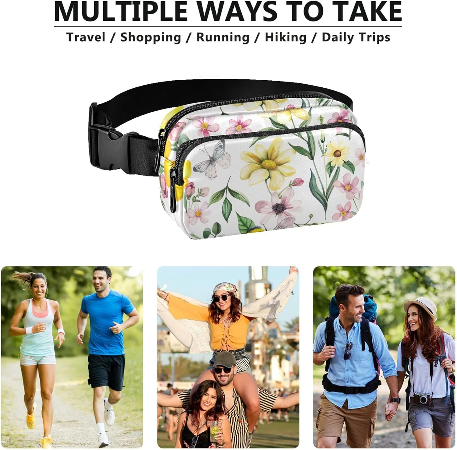 Chic Floral Bee Print Waterproof Fanny Packs for Women Hip Pouch Belt Bag Funky Travel Waist Bag