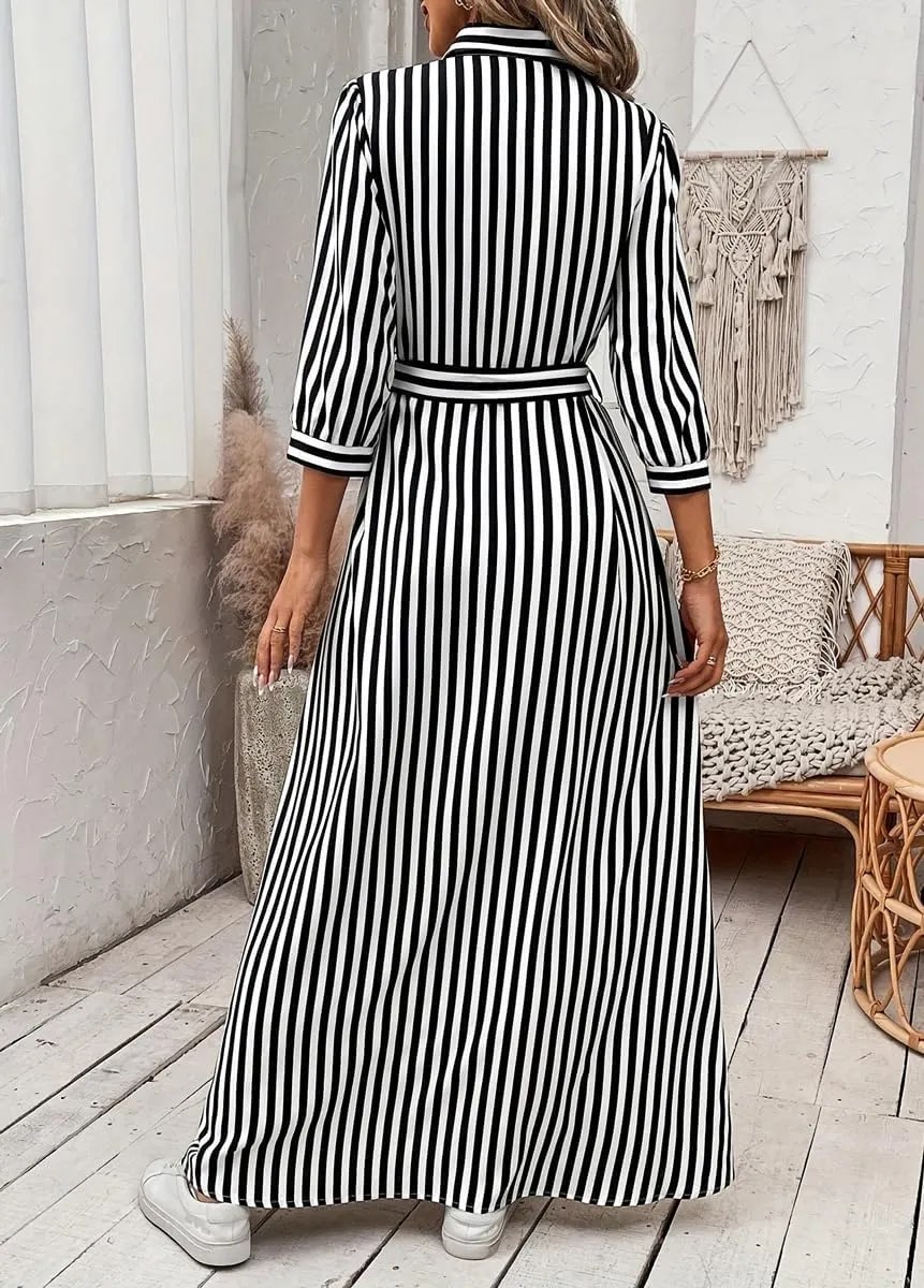 chouyatou Women's Casual 3/4 Sleeve Striped Shirt Dress Button Down Swing Flowy Maxi Beach Dress with Belt