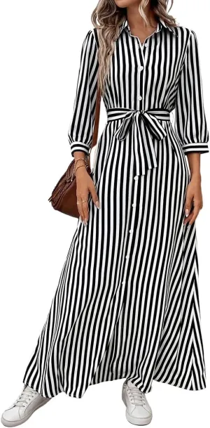 chouyatou Women's Casual 3/4 Sleeve Striped Shirt Dress Button Down Swing Flowy Maxi Beach Dress with Belt