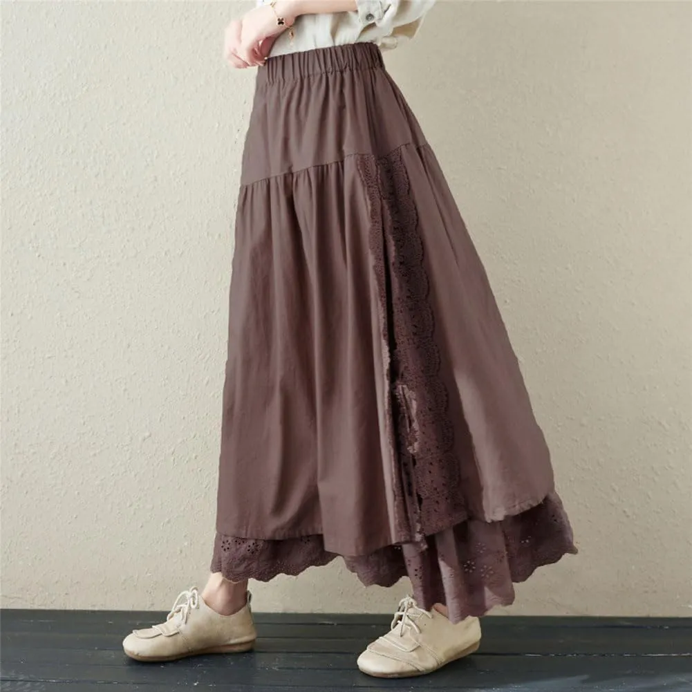 chouyatou Women's Cute Lace Eyelet Embroidery Boho Skirt Elastic Waist Pleated Swing Midi Long Skirt