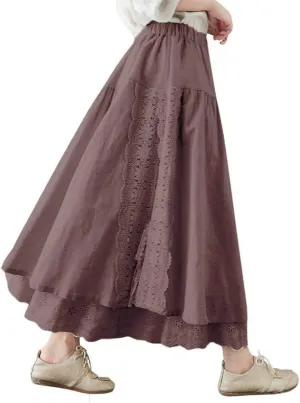chouyatou Women's Cute Lace Eyelet Embroidery Boho Skirt Elastic Waist Pleated Swing Midi Long Skirt