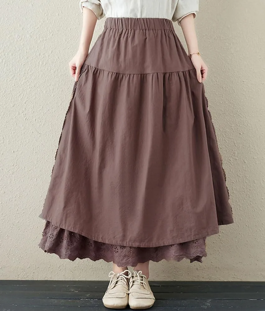 chouyatou Women's Cute Lace Eyelet Embroidery Boho Skirt Elastic Waist Pleated Swing Midi Long Skirt
