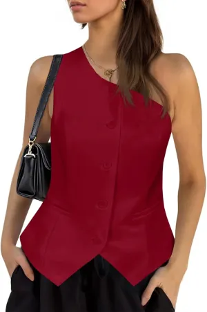 Cicy Bell Womens One Shoulder Blazer Vest Summer Fitted Button Down Waistcoat Trendy Work Sleeveless Suit Tops