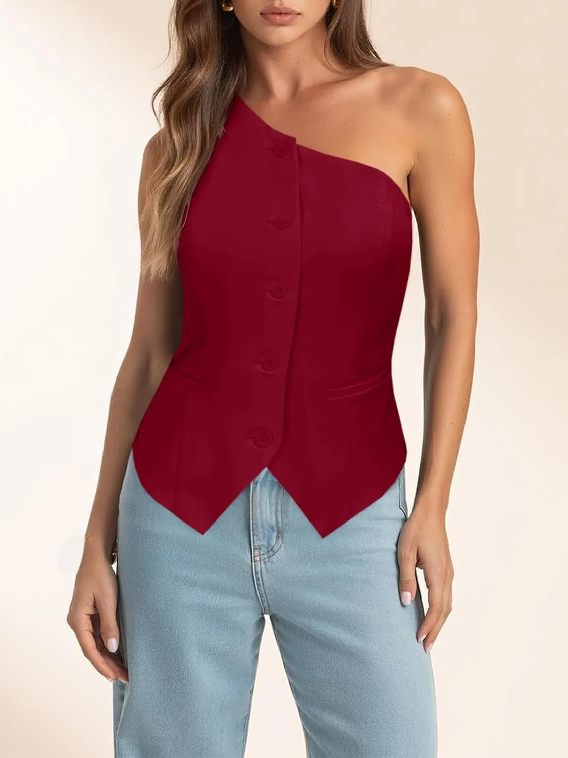 Cicy Bell Womens One Shoulder Blazer Vest Summer Fitted Button Down Waistcoat Trendy Work Sleeveless Suit Tops