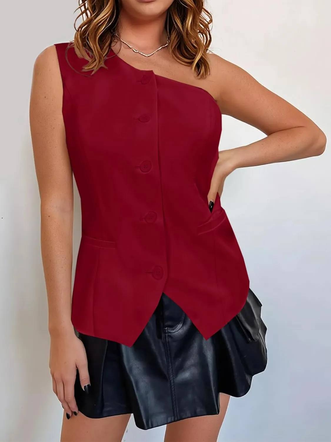 Cicy Bell Womens One Shoulder Blazer Vest Summer Fitted Button Down Waistcoat Trendy Work Sleeveless Suit Tops