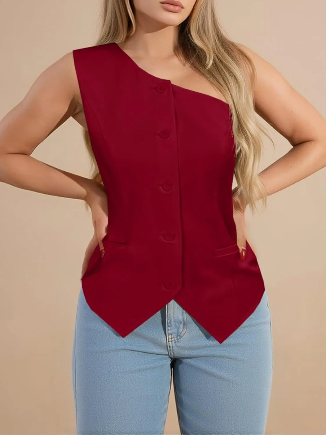 Cicy Bell Womens One Shoulder Blazer Vest Summer Fitted Button Down Waistcoat Trendy Work Sleeveless Suit Tops