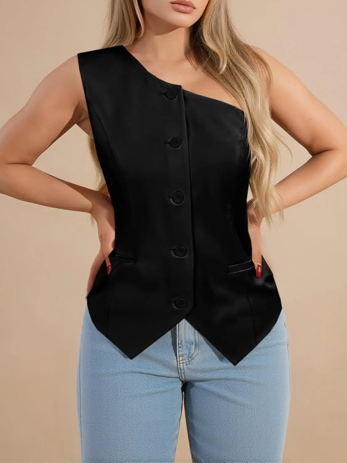 Cicy Bell Womens One Shoulder Blazer Vest Summer Fitted Button Down Waistcoat Trendy Work Sleeveless Suit Tops