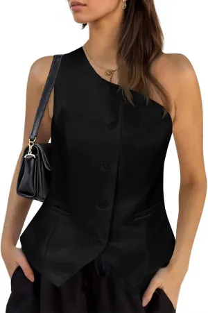 Cicy Bell Womens One Shoulder Blazer Vest Summer Fitted Button Down Waistcoat Trendy Work Sleeveless Suit Tops