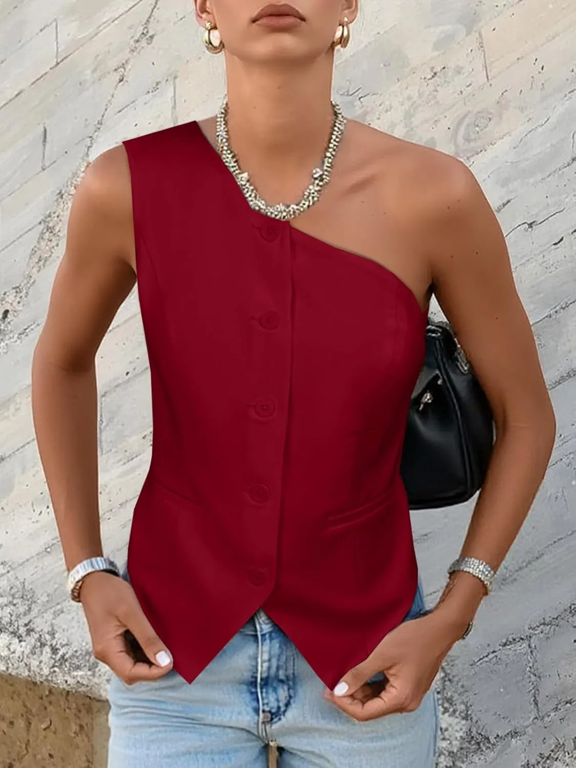 Cicy Bell Womens One Shoulder Blazer Vest Summer Fitted Button Down Waistcoat Trendy Work Sleeveless Suit Tops
