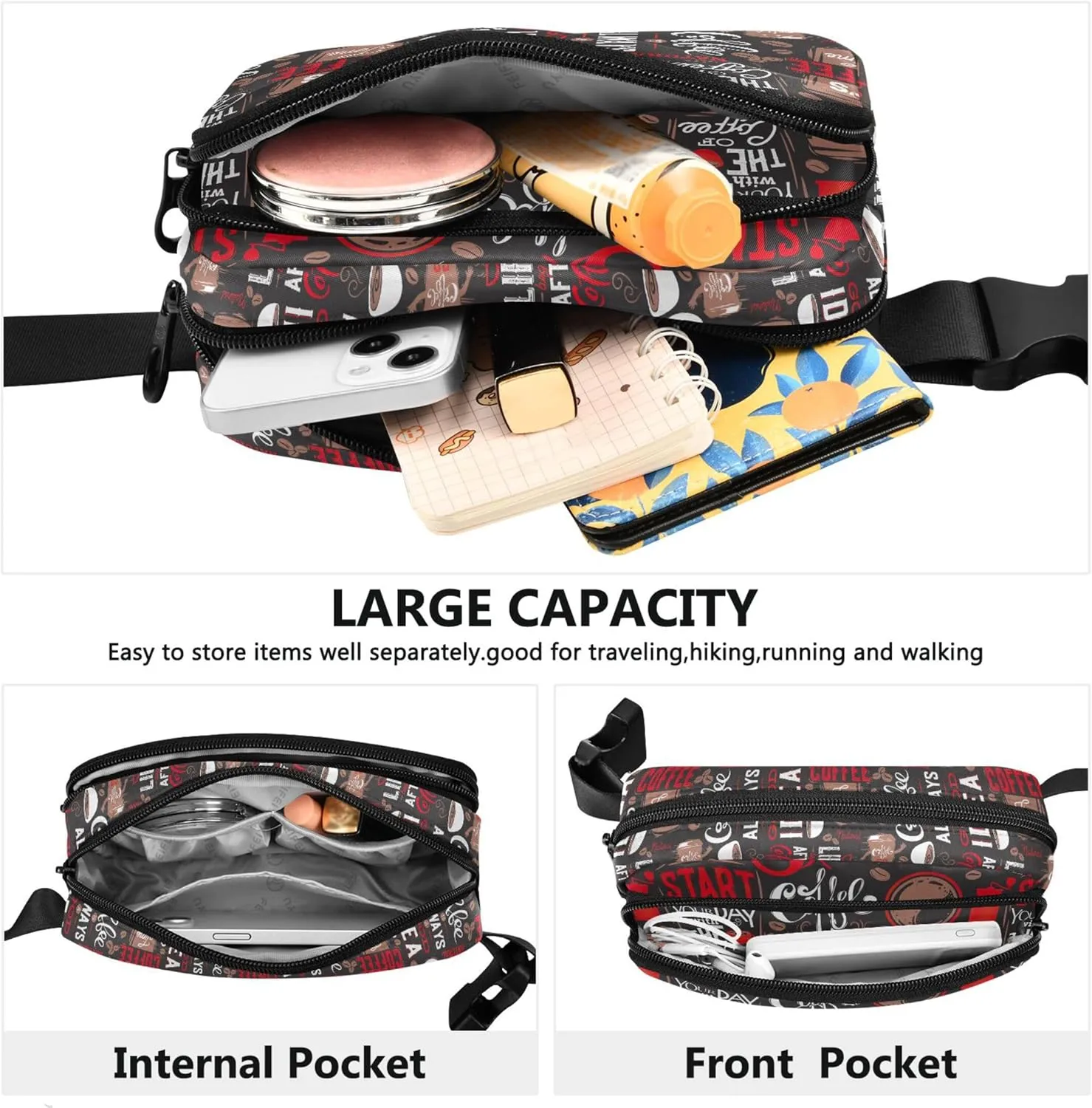Coffee Print Vintage Women Fanny Pack Funky Hip Bag Belt Pouch Waterproof Travel Waist Pouch