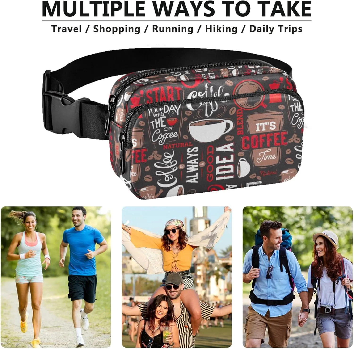 Coffee Print Vintage Women Fanny Pack Funky Hip Bag Belt Pouch Waterproof Travel Waist Pouch