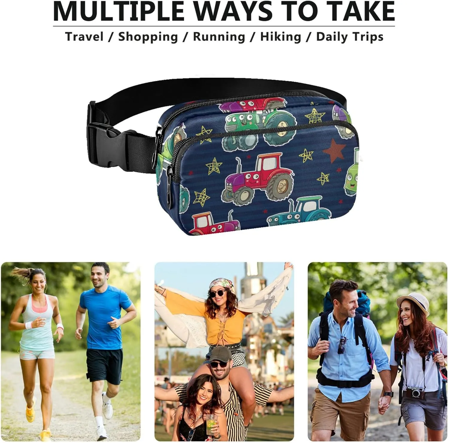 Colorful Cartoon Tractors Waterproof Fanny Packs Women Hip Bag Belt Pouch Funky Waist Pack for Women
