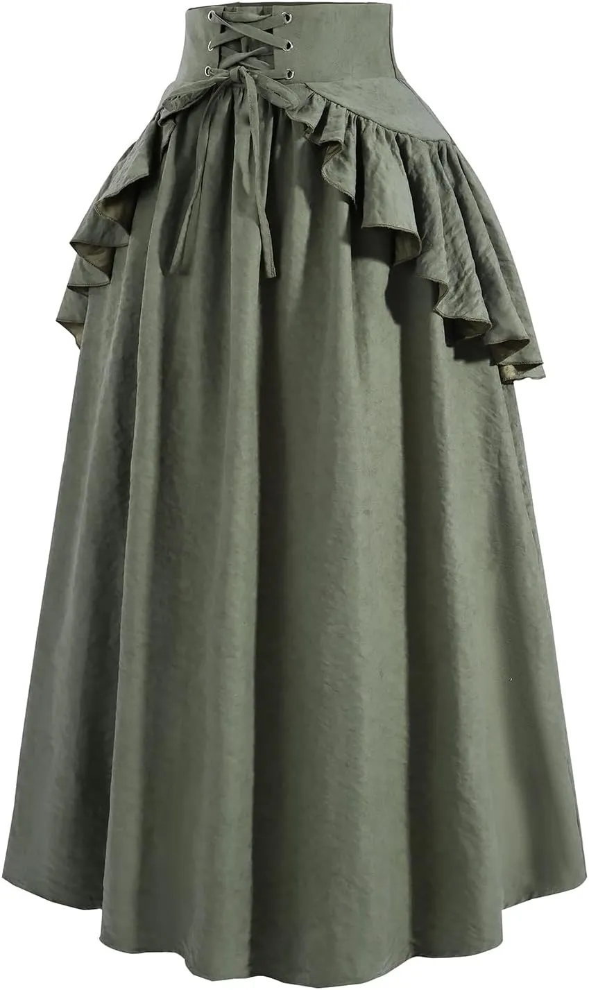 CR ROLECOS Womens Renaissance Skirt Victorian Lace-up High Waist Peasant Long Skirt