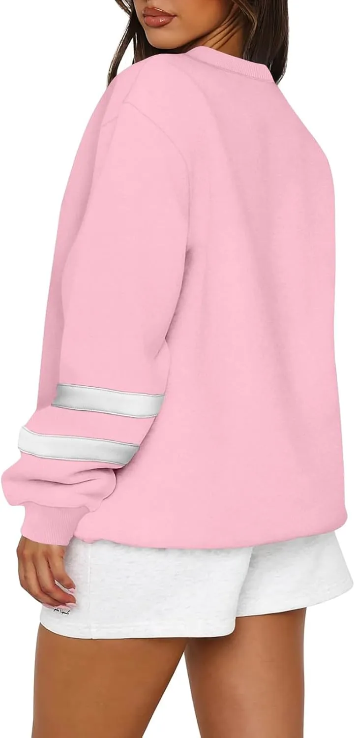 Crew Neck Sweatshirts Women Plus Size Fleece Striped Sweatshirt Oversized Athletic Active Drop Shoulder Pullover