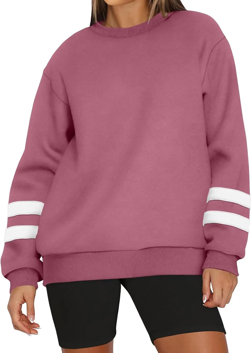 Crew Neck Sweatshirts Women Plus Size Fleece Striped Sweatshirt Oversized Athletic Active Drop Shoulder Pullover