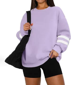 Crew Neck Sweatshirts Women Plus Size Fleece Striped Sweatshirt Oversized Athletic Active Drop Shoulder Pullover