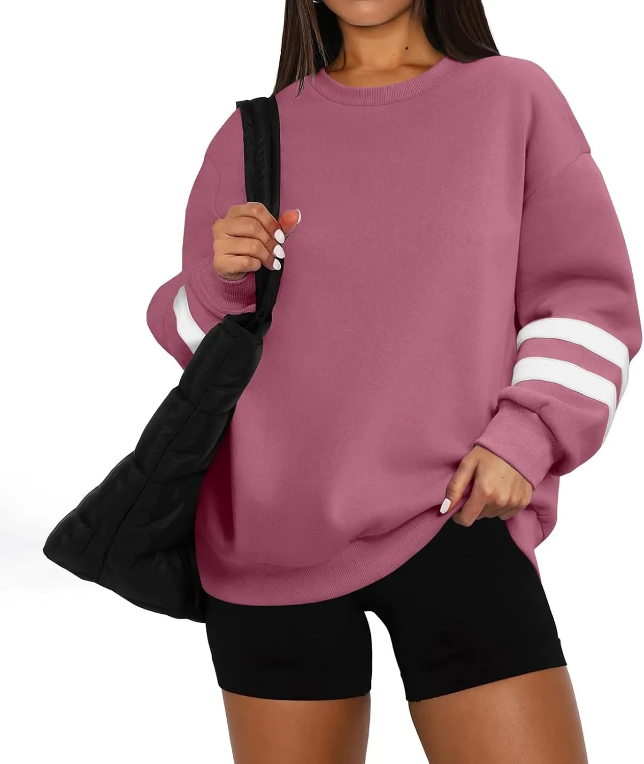 Crew Neck Sweatshirts Women Plus Size Fleece Striped Sweatshirt Oversized Athletic Active Drop Shoulder Pullover