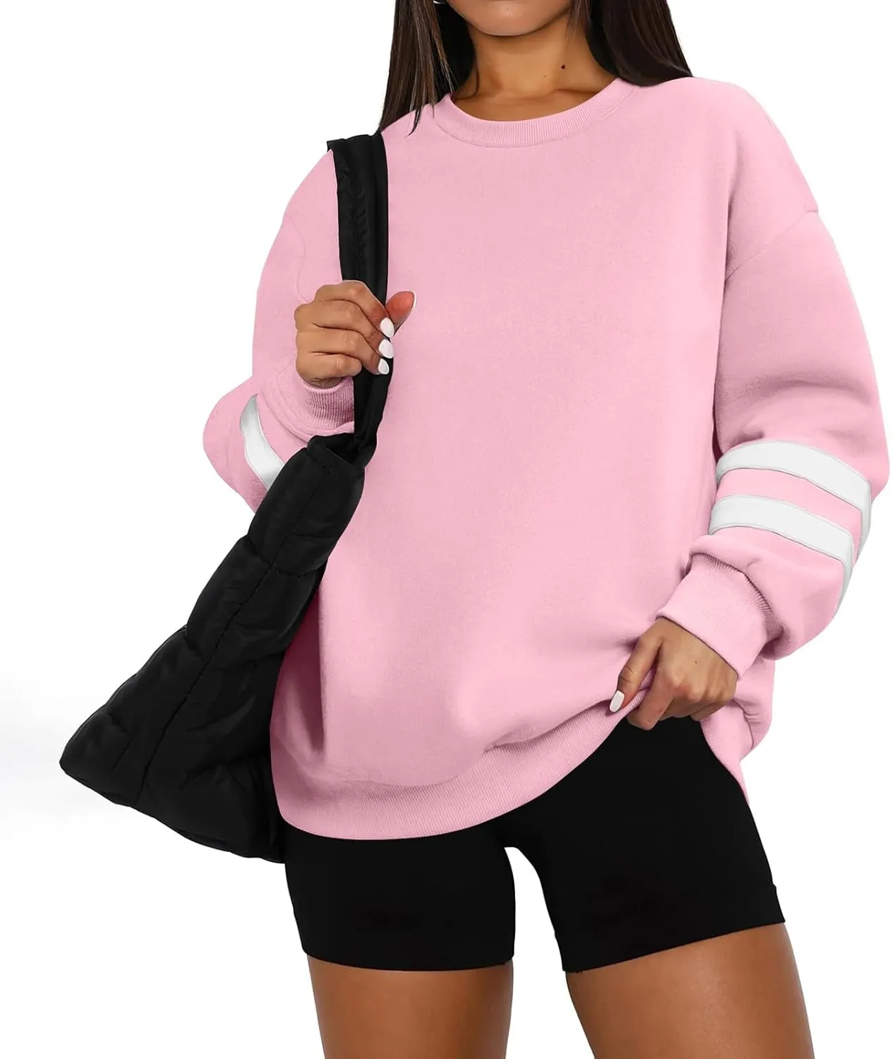 Crew Neck Sweatshirts Women Plus Size Fleece Striped Sweatshirt Oversized Athletic Active Drop Shoulder Pullover