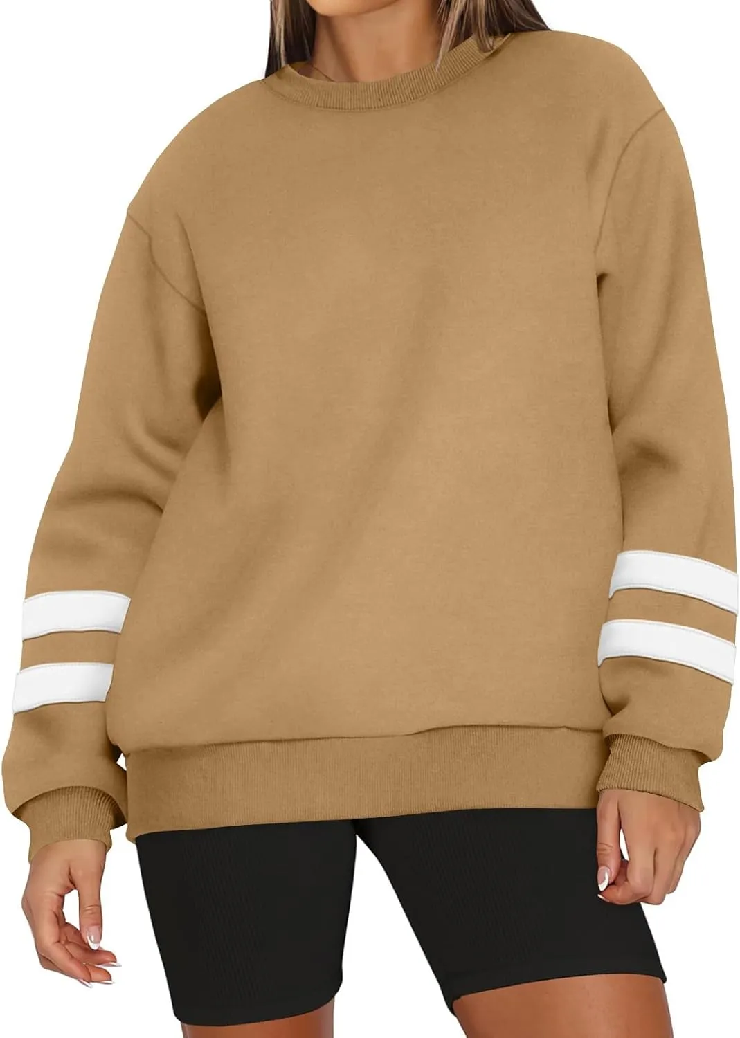 Crew Neck Sweatshirts Women Plus Size Fleece Striped Sweatshirt Oversized Athletic Active Drop Shoulder Pullover