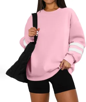 Crew Neck Sweatshirts Women Plus Size Fleece Striped Sweatshirt Oversized Athletic Active Drop Shoulder Pullover