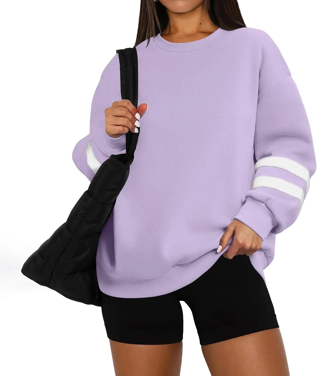 Crew Neck Sweatshirts Women Plus Size Fleece Striped Sweatshirt Oversized Athletic Active Drop Shoulder Pullover