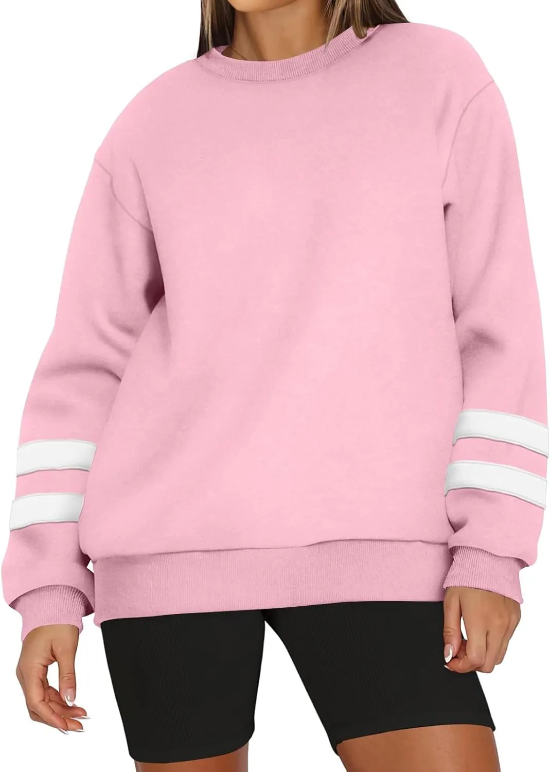 Crew Neck Sweatshirts Women Plus Size Fleece Striped Sweatshirt Oversized Athletic Active Drop Shoulder Pullover
