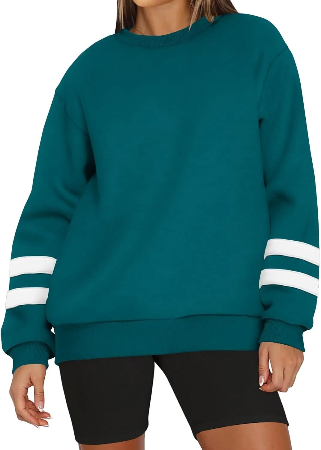 Crew Neck Sweatshirts Women Plus Size Fleece Striped Sweatshirt Oversized Athletic Active Drop Shoulder Pullover