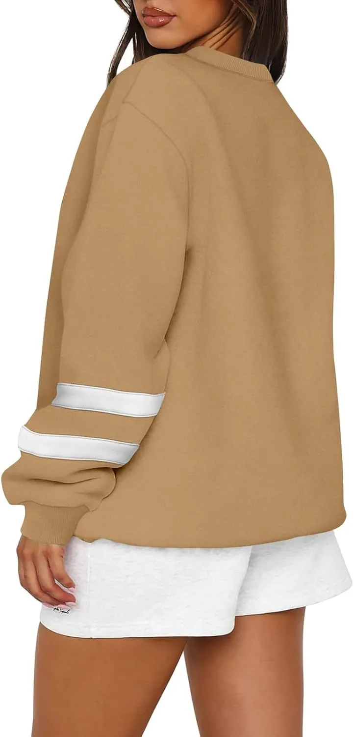 Crew Neck Sweatshirts Women Plus Size Fleece Striped Sweatshirt Oversized Athletic Active Drop Shoulder Pullover
