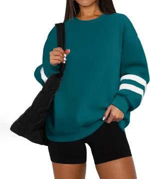 Crew Neck Sweatshirts Women Plus Size Fleece Striped Sweatshirt Oversized Athletic Active Drop Shoulder Pullover